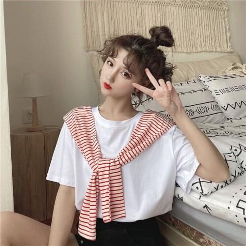 Woman TShirts Summer 2021 Striped Stitching Shawl Loose Short-Sleeved T-shirt Womens Top Shirt Crop Top Mujer Camisetas