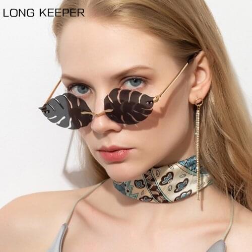 LongKeeper Fashion Leaf Shape Rimless Sunglasses Women Vintage Candy Color Ladies Eyewear Brand Designer Unique Sun Glasses
