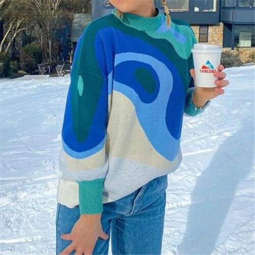 Striped Winter 2021 Oversized Knitted Y2K Women Pullover Sweater Tops Blue Tie Dye Long Sleeve Vintage Sweater Jumper