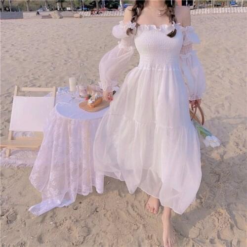 Bella 2021 Summer Elegant Casual Fairy Dress Female Beach One Piece Dress Korean Chiffon Lace French Vintage Midi Dess lady Chic