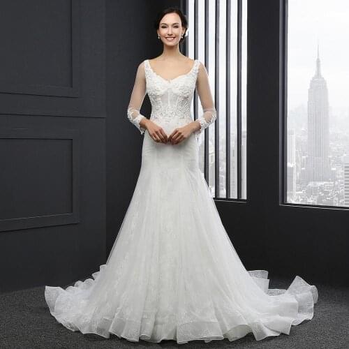 SL035 new mermaid wedding dresses for women bruiloft lace appliques v neck tulle illusion sleeve sukienka na wesele dla gościa