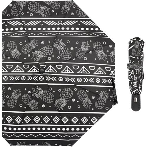 Automatic Three Folding Portable Umbrella Black Pineapple Pattern Umbrella For Women Fashion Rain Wind Resistant Beach Parasol