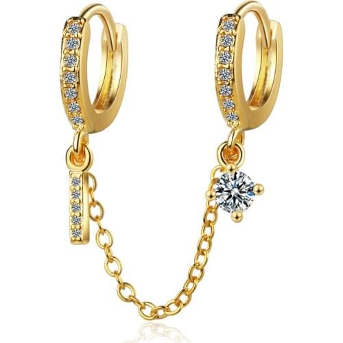 ModaOne 1PC Punk Style Double Ear Hole Zircon Hoop Earrings 925 Sterling Silver geometric Chain Earring For Women Jewelry