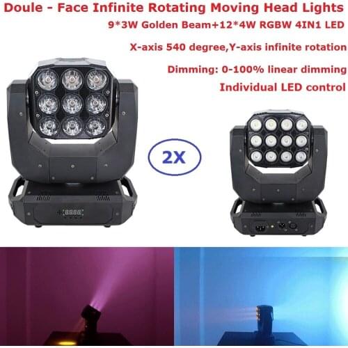 2 Pack 9X3W Golden Beam Moving Head Lights 12X4W RGBW 4IN1 Double Face Moving Head Wash Light Individual LED Control For KTV Dj