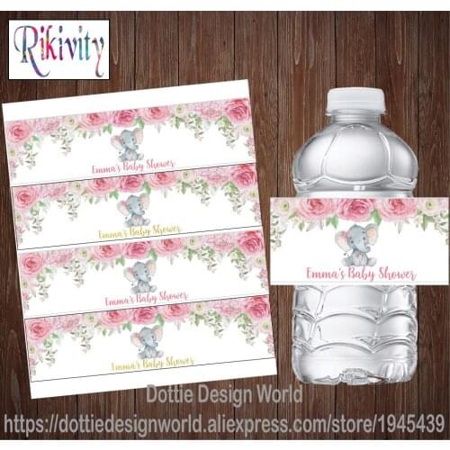 20pcs Custom Elephant Girl Baby Shower Floral Water Bottle Labels Waterproof Candy Bar Wrapper Sticker Birthday Party Decoration