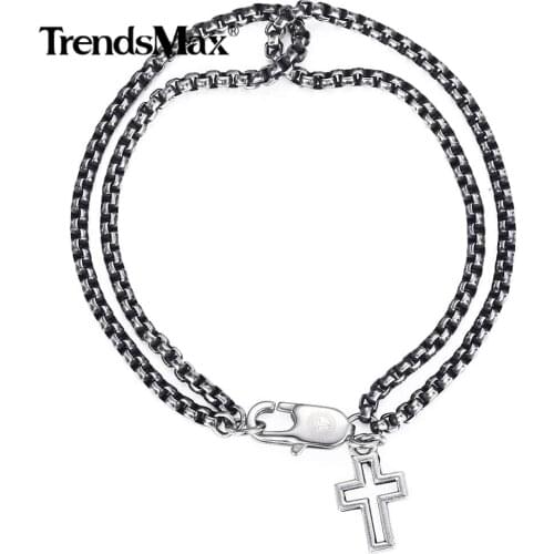 Trendsmax Bracelet Stainless Steel Cross Lion Charm Box Chain Link Handmade Wristband Bracelets Male Jewelry Gift For Men DBM02
