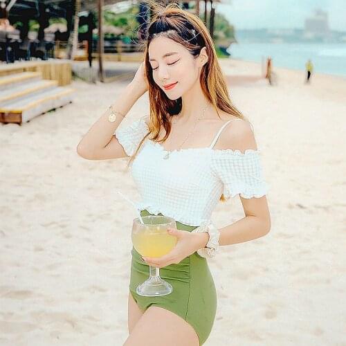 One-piece swimsuit female word shoulder metal shoulder strap buckle waist fold design bag hip triangle swim trunks anti-glare