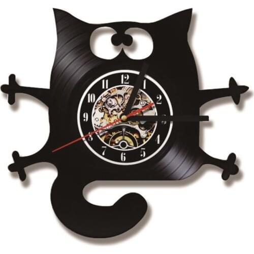 Lovely Cute Black Cat Vinyl Record Wall Clock Vintage Pet Kitty Creative Timepiece Home Decor Wall Watch Gift For Animals Lover