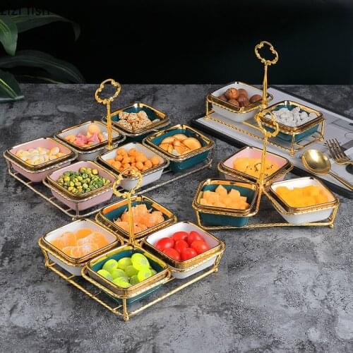 Household Ceramic Square Snack Platter With Metal Frame Table Decoration Dessert Fruit Snack Plate Candy Platter Serving Tray