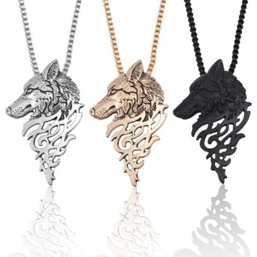 DUTRIEUX Punk Vintage Wolf Pendant Necklace Women Men Metal Black Wolf Head Necklaces Sweater chain Pendants Animal Jewelry