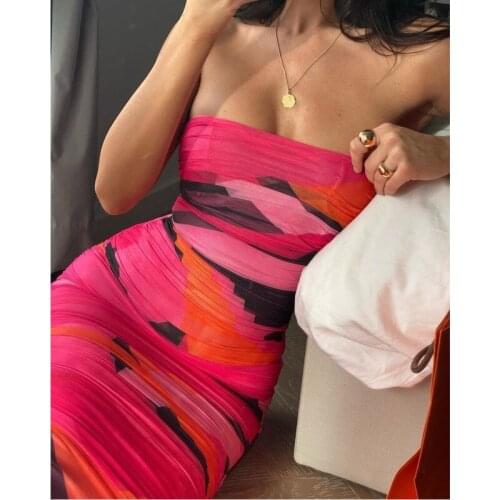 Josiaoprah Elegant Corset Bustier Bone Ruched Mesh Midi Dresses Party Night Club Sexy Backless Strapless Summer Dress Bodycon