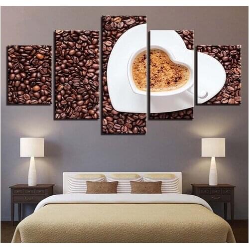 Canvas Painting Framework Wall Art Restaurant Home Decor 5 Pieces HD Prints Heart Shaped Coffee Cup Poster Coffee Beans Pictures