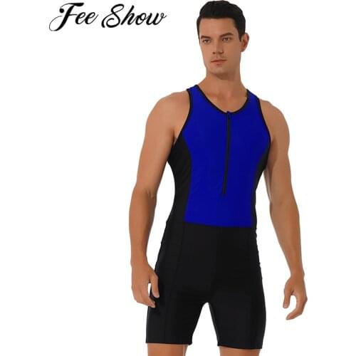 Men Swimming Jumpsuits Swimsuit Bathing Suit Sleeveless Front Zipper Racer Back Bodysuit Triathlon Wetsuits Shorts Swim Jumpsuit