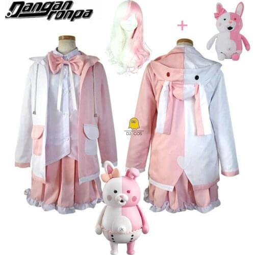 Dangan Ronpa Monomi Cosplay Costume Pink Long Wig Bear Toy Danganronpa JK School Uniform Hooded Jacket Girl Skirt Set Shirt