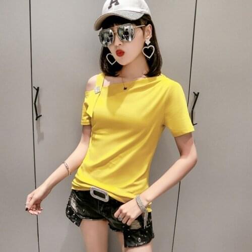 Summer Sexy Off Shoulder Womens T-shirt Cotton Diamonds Slim Fit Tops Short Sleeve Casual Tees Solid Color T-shirts Leisure Tee