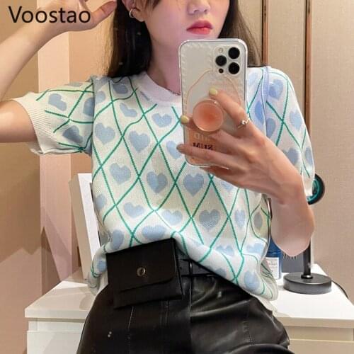 Sweet Heart Shaped Plaid Graphic T-Shirts Summer Women Harajuku Short Sleeve Tops Korean Female Chic O-Neck Knitted Tee Tshirt