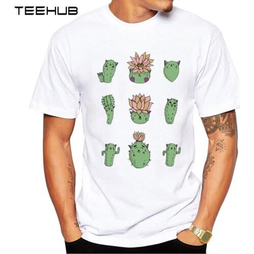 TEEHUB Fashion Cat-tus Men T-Shirt Hipster Cat-Shaped Cactus Printed Tops Short Sleeve Tee Cool T Shirts