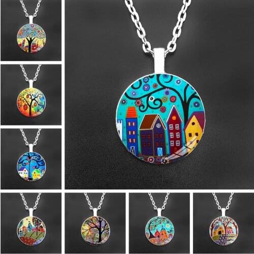 Abstract Oil Painting House and Tree Women Chain Necklace Starry Night Glass Cabochon Pendant Necklace for Women