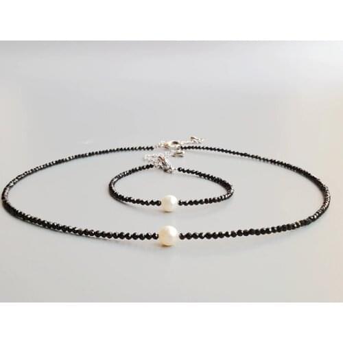 Black Spinels Freshwater Pearl Beads Choker Necklace Bracelet Set Natural Stone Popular Jewelry for Women Nice Gift