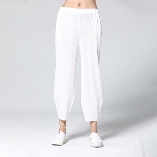 Pleated pants new pure white elastic high waist Miyake-oden pleated pants womens casual pants elastic waist