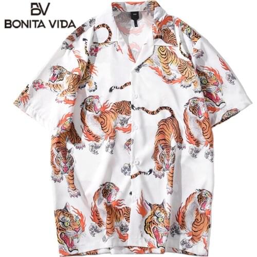 Bonita Vida Harajuku Tiger Full Print Hip Hop Hawaiian Shirts Men Summer Streetwear Short Sleeve Casual Shirt Fashion Tops