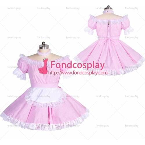 Fondcosplay adult sexy cross dressing sissy maid short cotton French pink gingham lockable dress Unisex Tailor-made[G3925]