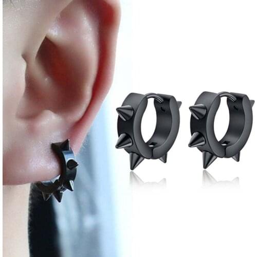 2 Pcs Men Spike Gothic Black Geometric Rivet Jewelry Hoop Earrings Accessories Stud Earring