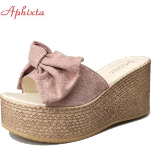 Aphixta 9cm Wedge Heels Slippers Women Cow Suede Bow 4cm Platform Women Wedge Mulers Female Sandals Clog Shoes Slides Women