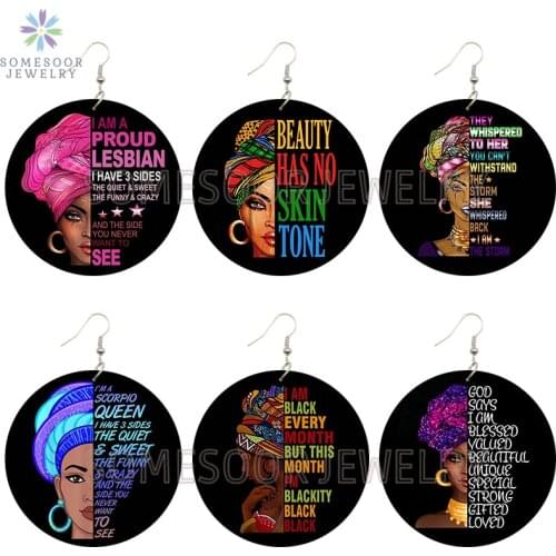 SOMESOOR I Am Black Woman African Wooden Drop Earrings Inspired Proud Queen Printed Loops Dangle Jewelry For Ladies Girls Gifts