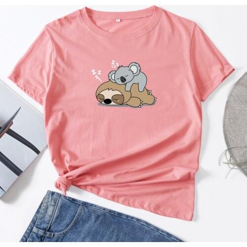 Sloth Koala Animal Napping Woman T-Shirt Short Sleeve T-Shirts Summer Tops for Women Cotton Graphic Tee Female Shirt Clothes