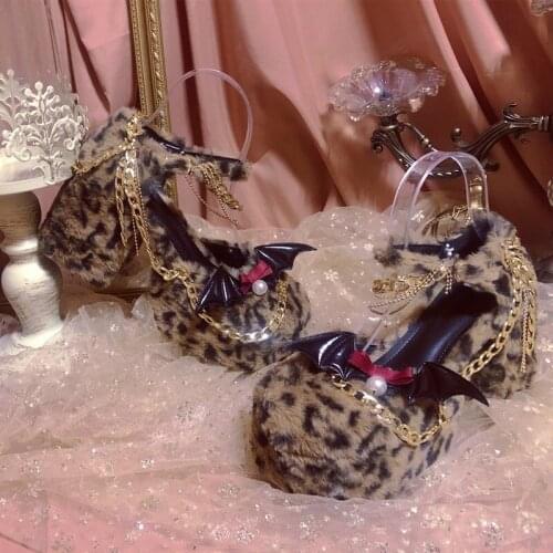Womens Round Toe Leopard Furry Fur Bat Metal Chain Decor Dark Platform Pumps Block High Heel Shoes Lolita Cosplay Halloween