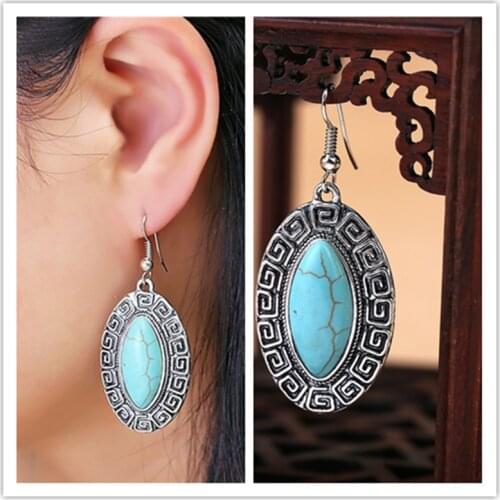 2019 New Fashion High quality Vintage Boho Bohemian earring eye style blue gem Turq stone drop earrings jewelry women wholesale