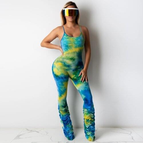 Tie-Dye Print Bodycon Jumpsuit Women Summer 2020 Sexy Spaghetti Strap O Neck Stacked Jumpsuit Pants Body Club Rompers Overalls
