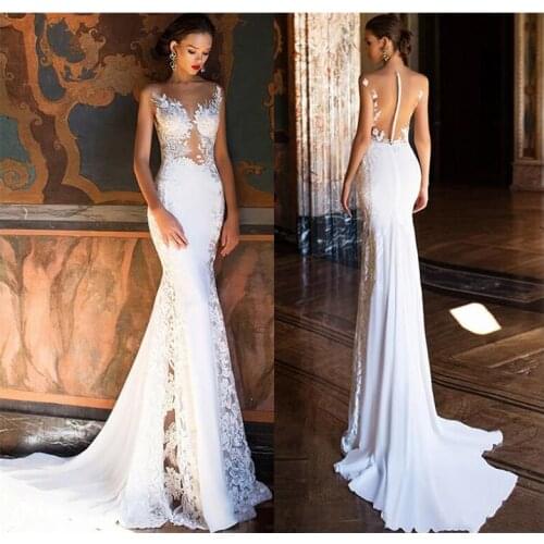 Mermaid Wedding Dress Sleeveless Beach Sexy Lace Appliques Bridal Dresses See Through Back Summer Long Wedding Gowns White Ivory