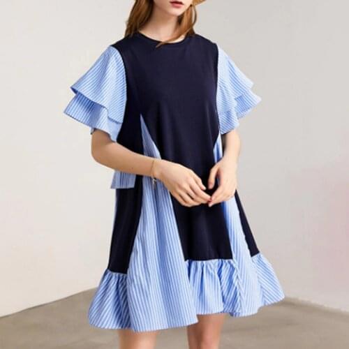 Dress Short Sleeve New Style Round Neck Pullover Patchwork Print Stripe Color Block Asymmetric Summer Womens Dress 2021