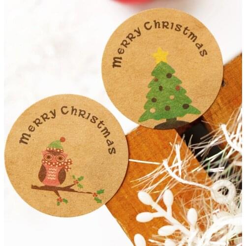 102pcs Christmas Tree And Cute Owl Style Kraft Circle Seal Sticker Point Sticker Baking Packaging Biscuit Bag Sealing Sticker