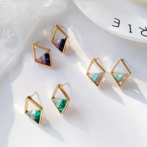BUDROVKY Simple Rhombus Contrasting Color Contrasting Earrings Womens Fashion Geometric Hollow Triangle Ear Stud Earrings