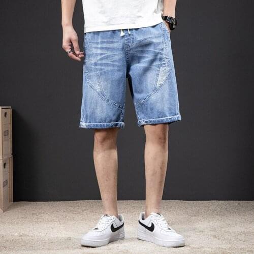 Plus Size Summer Blue Short Jeans Men Knee-Length Cotton Casual Baggy Trousers Male Striped Denim Shorts 6XL 7XL 8XL Blue Black