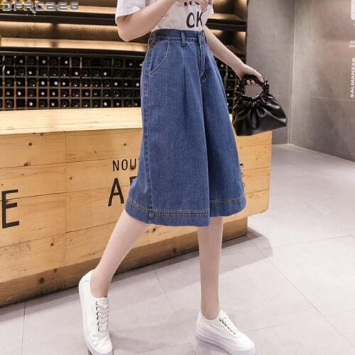 Casual Streetwear Wide Leg Denim Skirt Shorts Women Loose Straight High Waist Short Feminino Plus Size Midi Ladies Shorts Jeans
