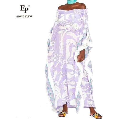 [EFATZP] 2020 Bohemian Dress Women Slash Neck Coconut Tree Print Holiday Silk Over Long Length Split Slim New Autumn Fashion