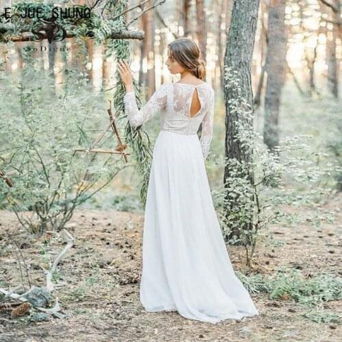 E JUE SHUNG Elegant Chiffon Wedding Dresses Scoop Neck Long Sleeves Button Back Wedding Gowns Simple A Line vestido de noiva