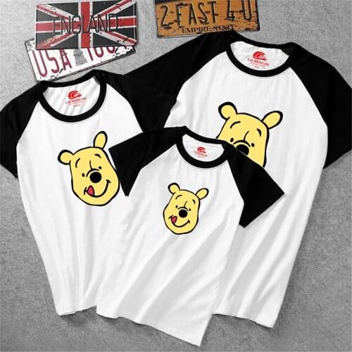 100% Cotton New Family Matching T Shirts Raglan Sleeve Winnie The Pooh Printed Cute Kids Adult Tshirts Family Matching Outfits