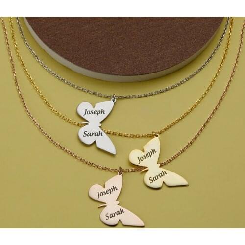 HUHUI Custom 2 Names Necklace With Butterfly Pendant Personalized Engraved Nameplate Stainless Steel Women Jewelry Birthday Gift
