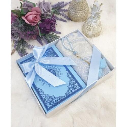 Islamic Holy Book Quran Kuran-i Kerim Prayer Mat (Seccadeh) and Tesbih Gift Set In Box