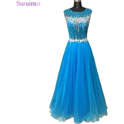 Exquisite 2018 Hot Sale Key Hole Open Back Prom Dresses Robe de Soiree With Cap Sleeve Beading Blue Prom Party Dresses