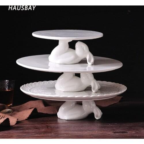 Cute Rabbit Ceramic Cake Dish Dessert Holder White Porcelain Plate Cake Tray Wedding Decoration Supplies Pottery With Hare 08153