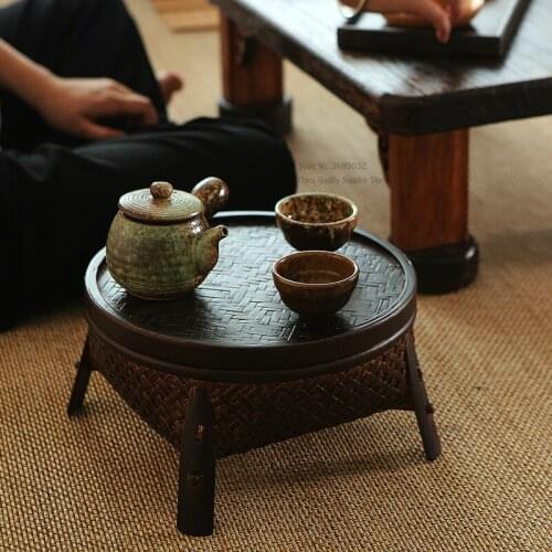 Chinese type Tea Table Retro Kungfu Tea Sets Include Bamboo Storage basket with Covers for Household Round coffe tables