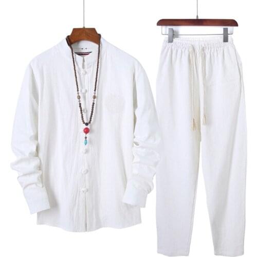 Autumn Suit Mens Chinese Style Solid Color Cotton Linen Suit Youth Long-sleeve Shirt linen 2pcs Set Tang Suit Top+Trousers Blue