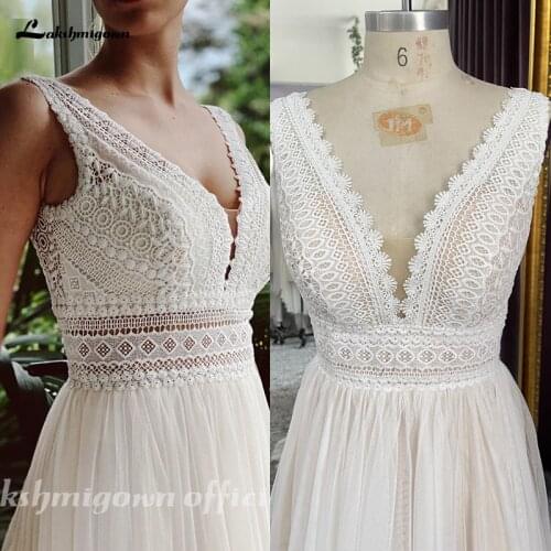 Lakshmigown V neck Bohemian Wedding Dresses Lace Bridal Gowns tulle A-Line Wedding gown Robe De Mariee Country gelinlik