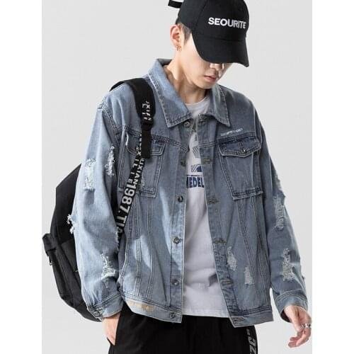 Men jacketUrban mens wear new trend whiskers hole-fitting denim Long Sleeve Coat with Pocket new youth Cotton Denim plus size